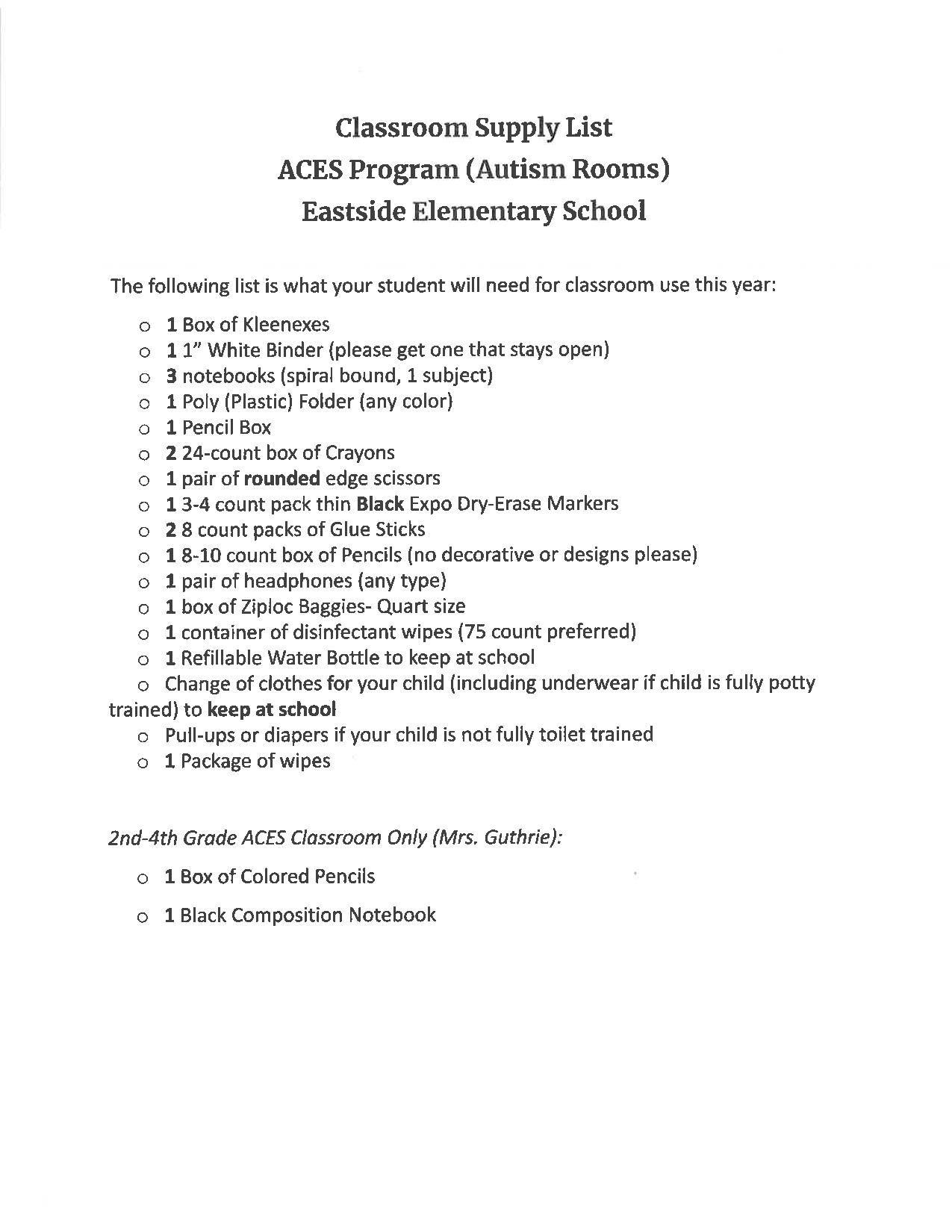 ACES Class Supply List